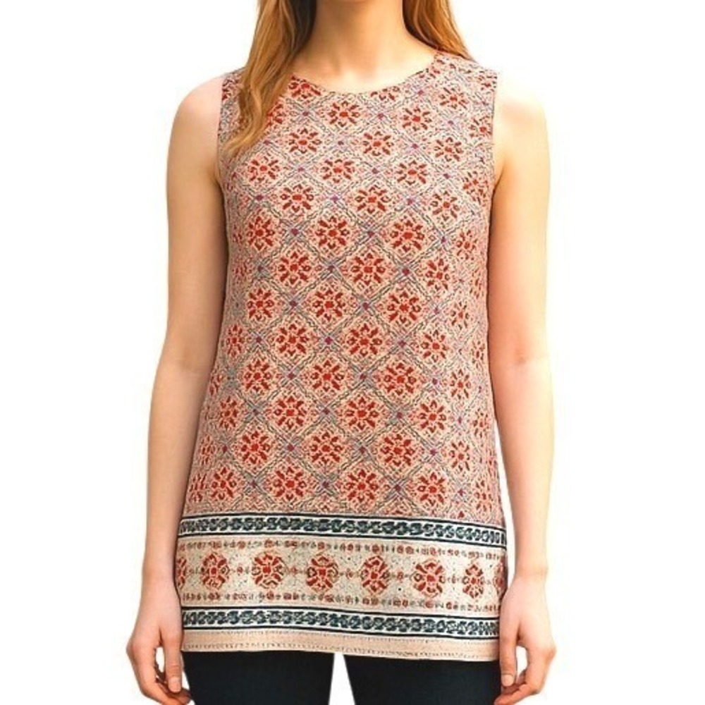 Max Studio Geometric Boho Red Blue Womens Tunic Tank Top Size S/M Moroccan Print